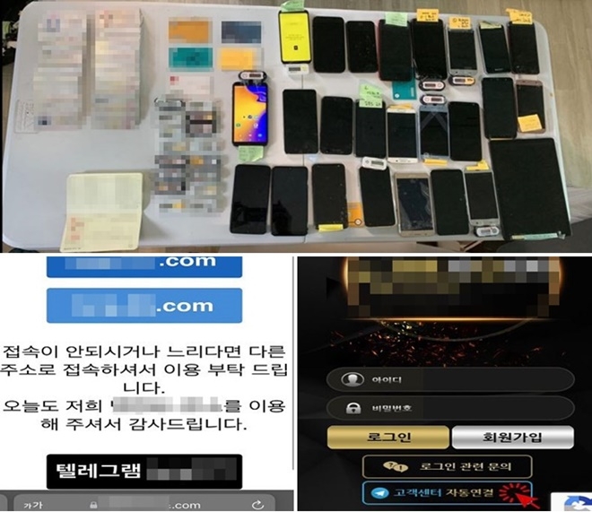 사무실 압수수색 현장 사진( 22. 10. 25. 경기도 일산/신분증 109개, 대포폰 108대 등), 텔레그램 홍보, 자금세탁 의뢰한 도박사이트.(사진제공=부산경찰청)