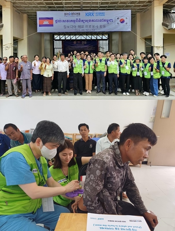 해외의료봉사단 단체 기념촬영/재활의학과 이종화교수가 현지주민을 진료하는 모습.(사진제공=동아대병원)