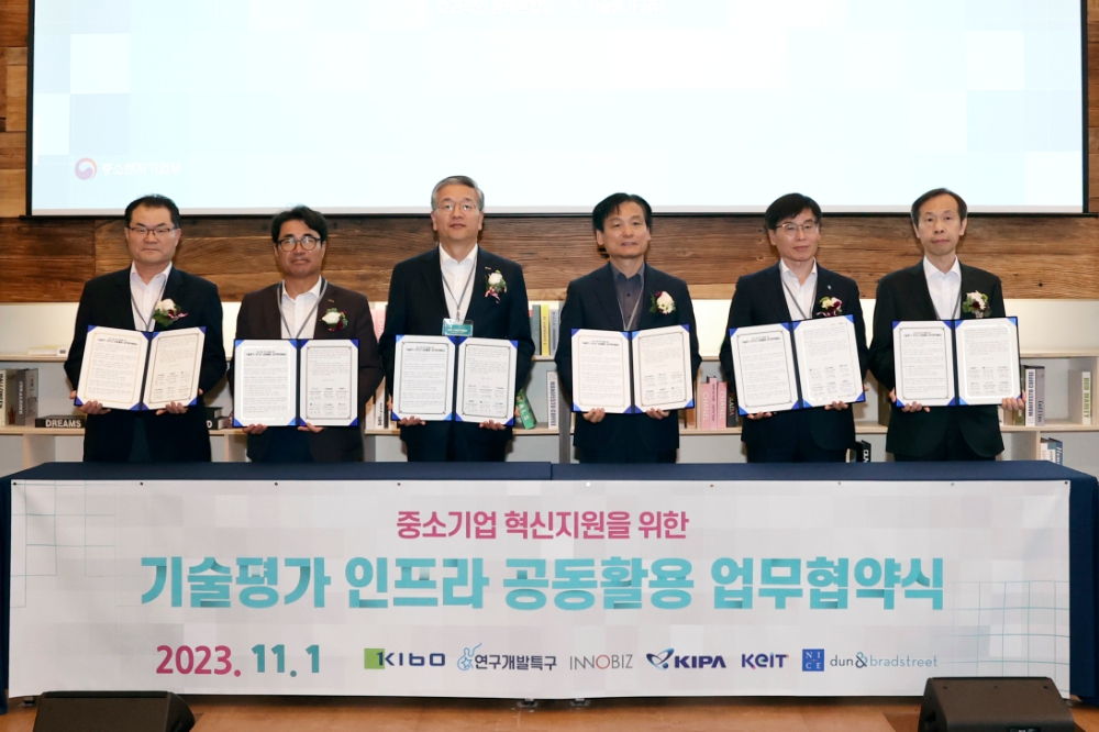 왼쪽부터 하성태 한국발명진흥회 본부장, 임병훈 중소기업기술혁신협회장, 김종호 기술보종기금 이사장, 강병삼 연구개발특구진흥재단 이사장, 강용구 (주)NICE디앤비 대표이사, 한종석 한국산업기술기획평가원 본부장. 사진=기술보증기금