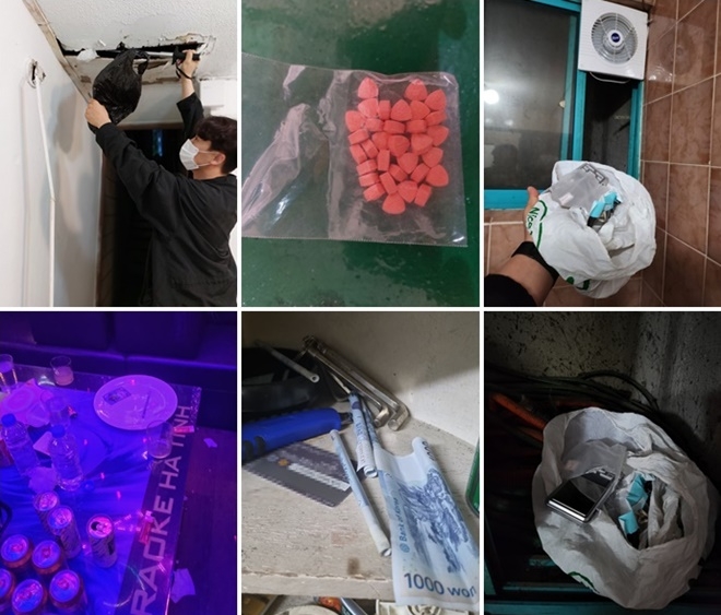 마약도구<빨대모양지폐>,룸내부 및 마약도구<접시>.(사진제공=부산경찰청)