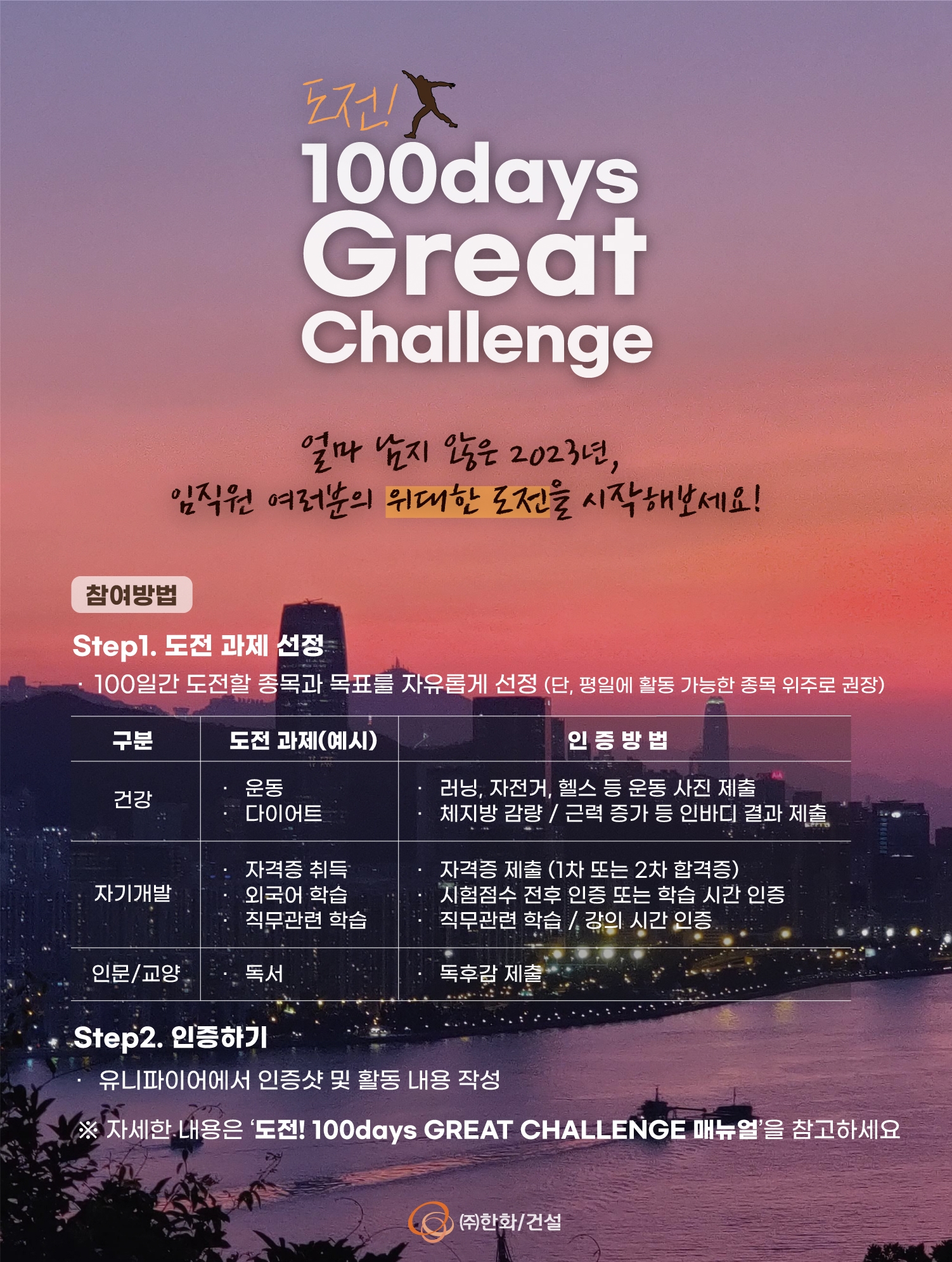 한화 건설부문이 진행하는 ‘100days Great Challenge’ 포스터.(사진=한화 건설부문)