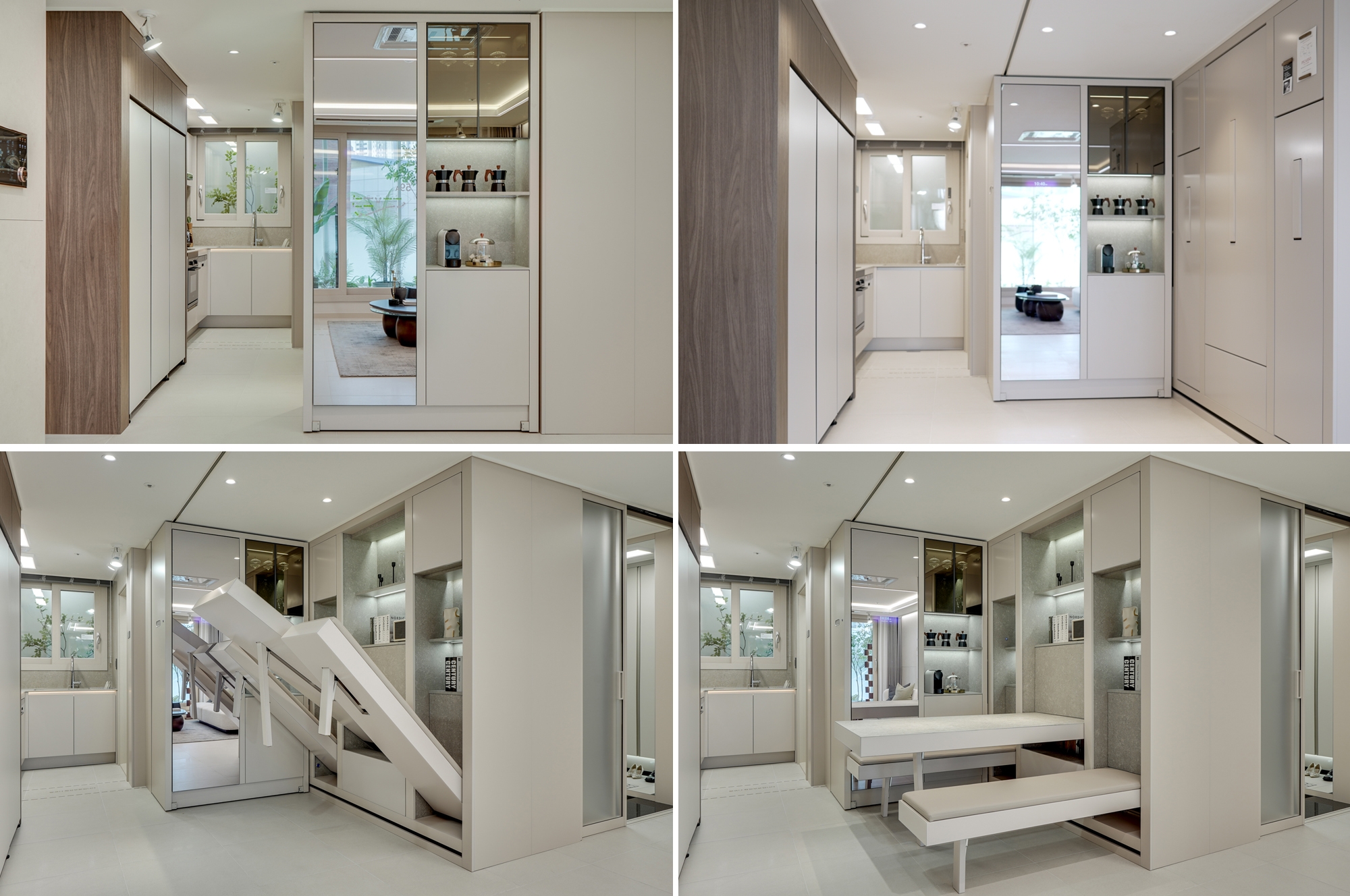 무빙 수납장과 전동 벽체식 다이닝 테이블의 배치로 공간 활용성을 극대화한 ‘H 트랜스포밍 월&퍼니처Ⅱ’.(사진=현대건설)