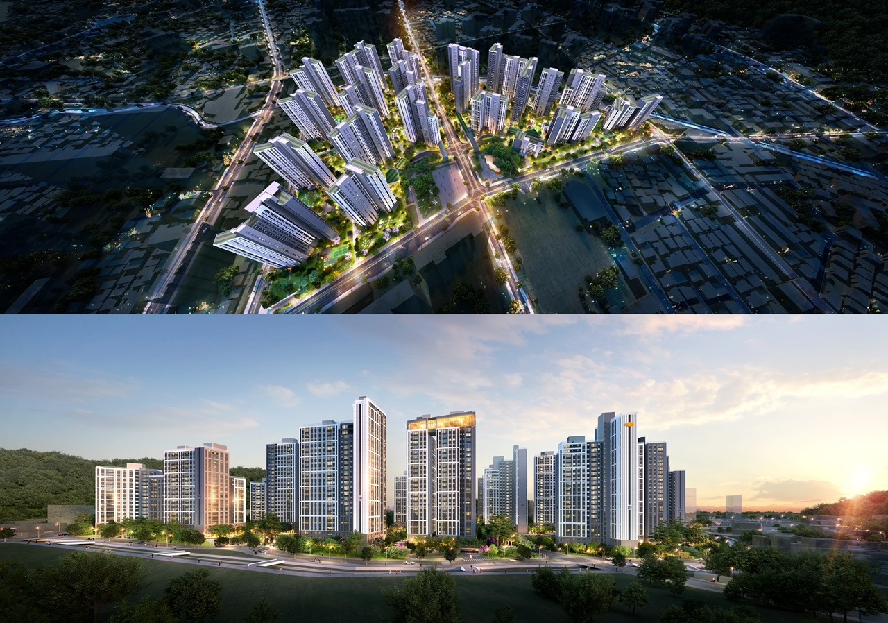 창원 회원2구역 주택재개발정비사업 조감도(위쪽) 및 투시도.(사진=DL건설)