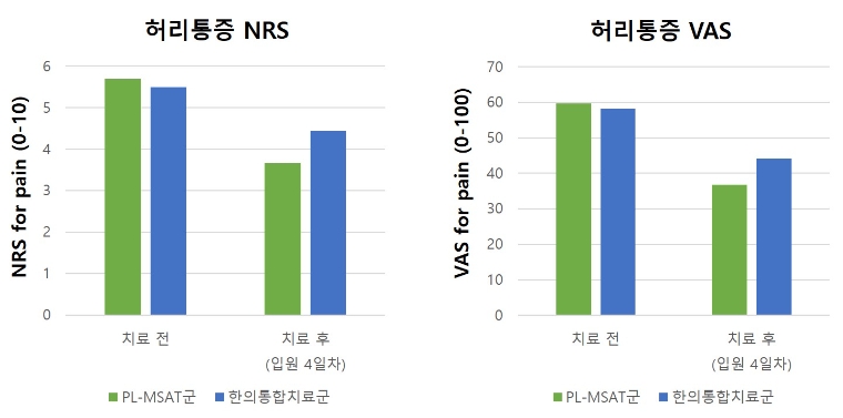 PL-MSAT군(초록색)과 한의통합치료군(파란색)의 통증 감소 비교 그래프. 사진=자생한방병원