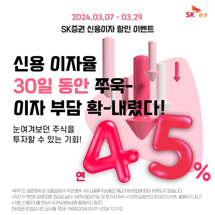 SK증권 ‘연 4.5%’ 비대면 신용 이자 할인 이벤트 실시