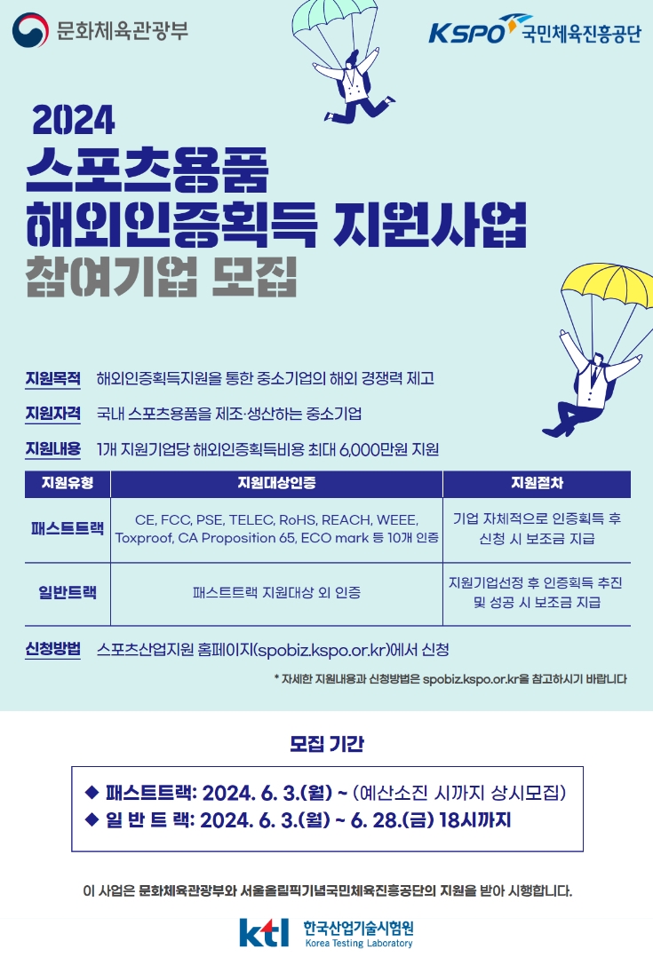 KTL, 2024 스포츠용품 해외인증 획득지원사업 참여기업 모집
