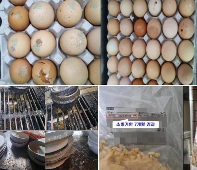 난각막이 손상된 깨진 달걀, 산란일과 고유번호 등 표시사항 없는 달걀/냉동치즈(소비기한 7개월 경과) /조리장 위생이 심각하게 불량한 유명 맛집(사진제공=부산광역시)