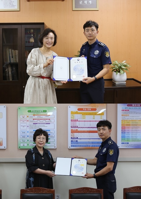 (위)동주중/(아래)엄궁중에서 장학증서를 전달하고 있다.(제공=부산구치소)