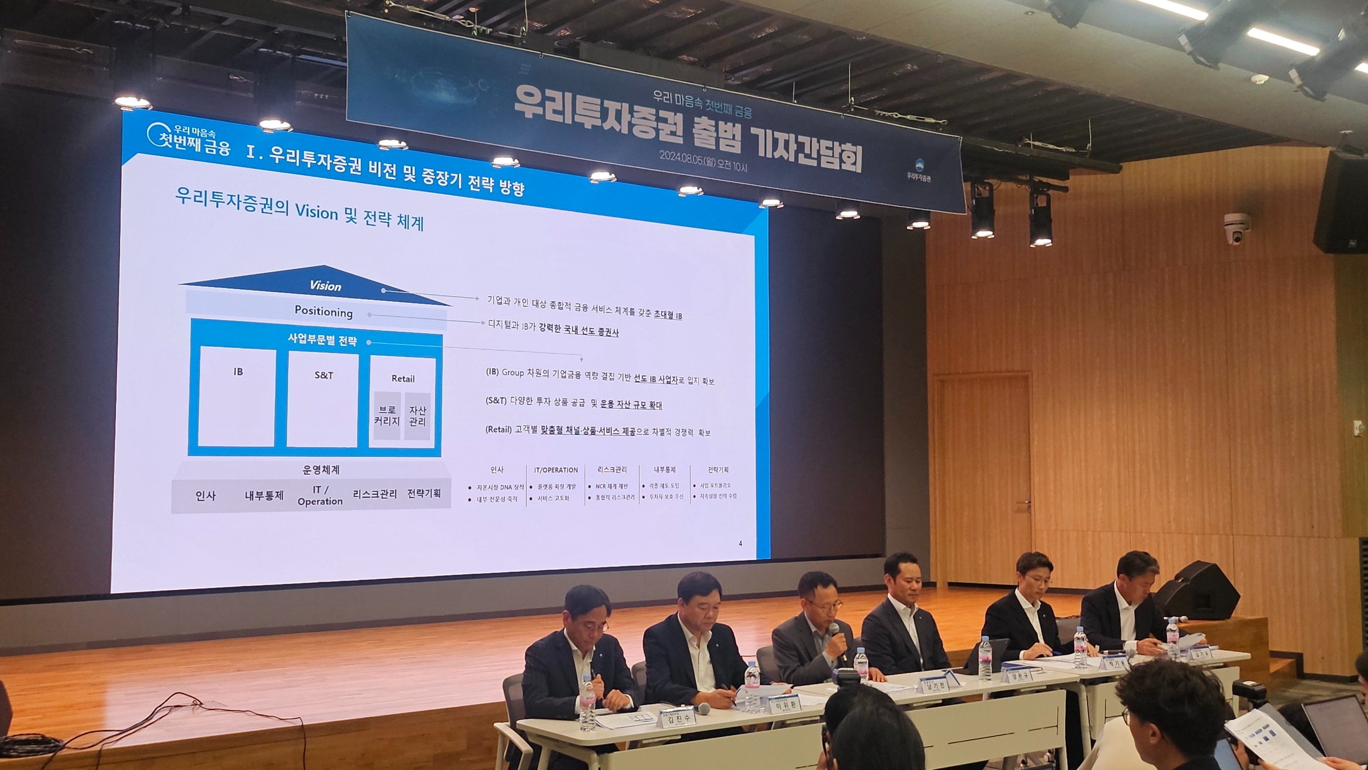 왼쪽부터 김진수 경영기획본부장, 이위환 리스크관리부문장, 남기천 대표이사, 양완규 종합금융부문장, 박기웅 S&T 부문장, 심기우 리테일부문장이 기자간담회를 진행하고 있다. 사진=로이슈