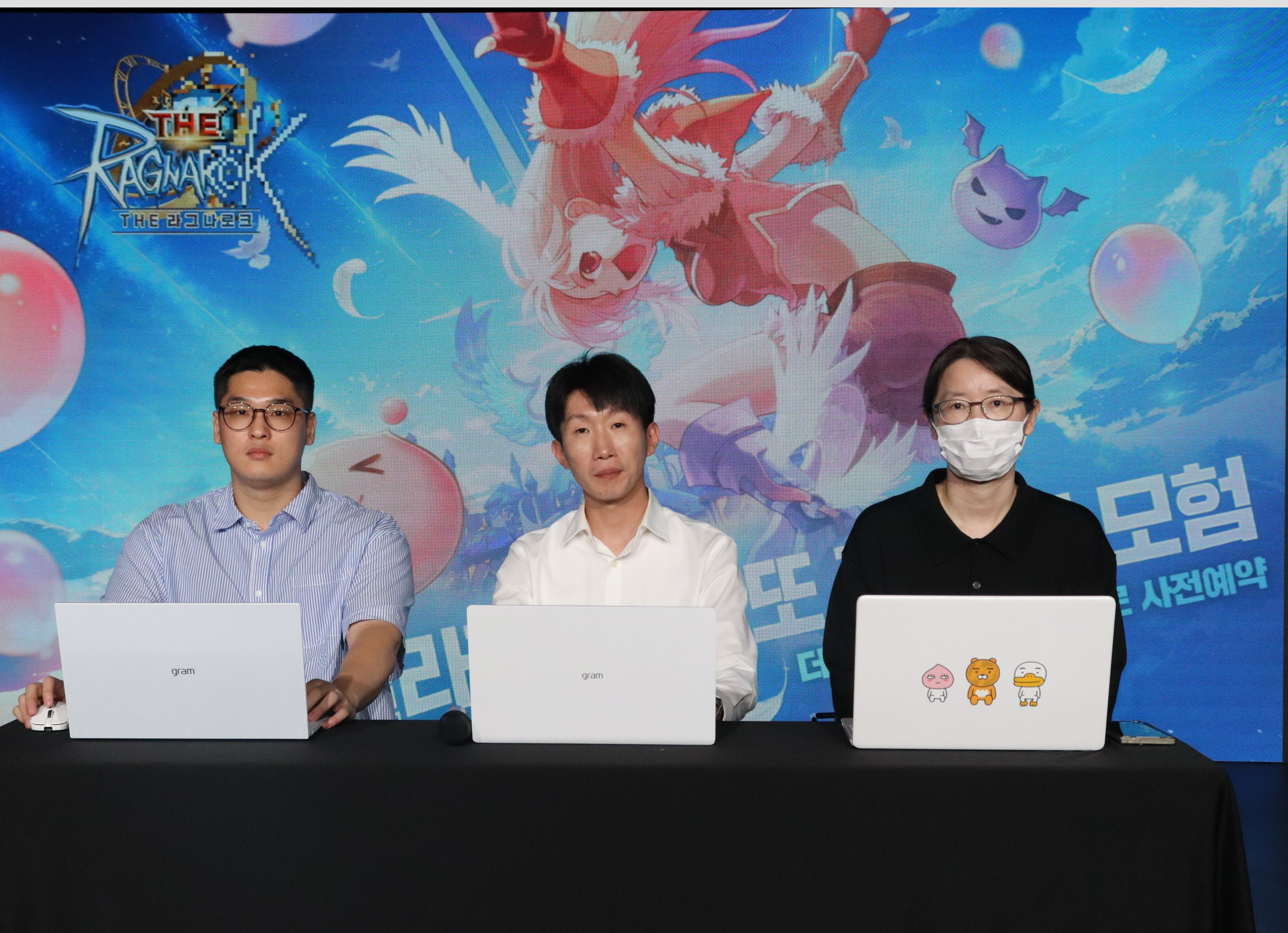THE 라그나로크 국내 론칭 미디어 간담회 인터뷰이. 왼쪽부터 나경일 사업 PM, 선상웅 사업 PM, 박연주 운영 총괄. 사진=그라비티