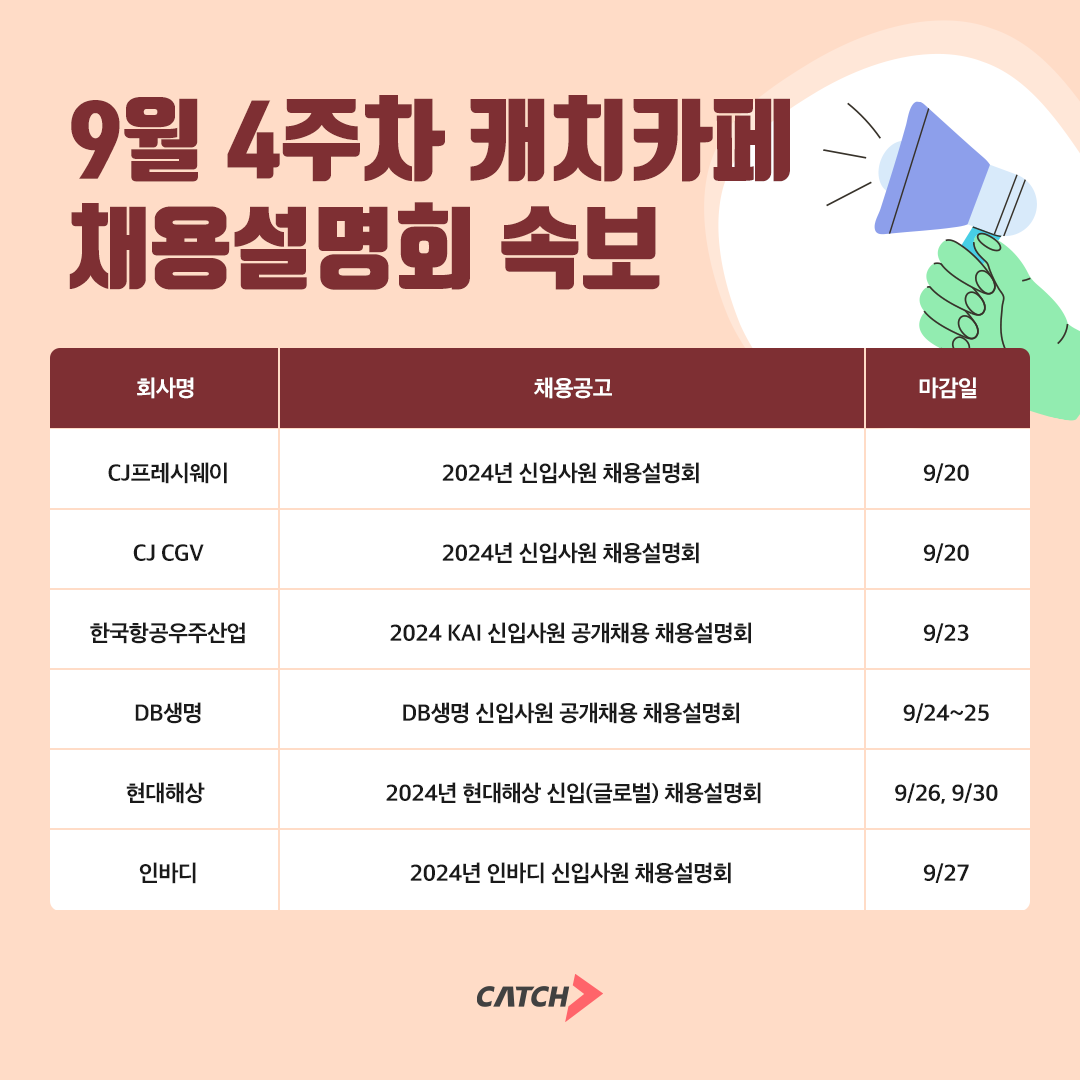캐치카페 "KAI, 현대해상, 인바디 하반기 오프라인 채용설명회 진행"