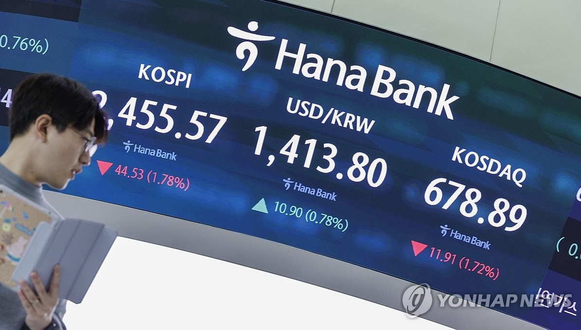 국회의 의결로 계엄을 해제한 4일 오전 서울 중구 하나은행 딜링룸 전광판에 이날 거래를 시작한 코스피, 원/달러 환율, 코스닥 지수가 표시돼 있다. 사진=연합뉴스