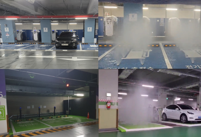 주차장 전기차 배터리 화재 사고시, 조기 화재 진압 이미지. (사진=육송)