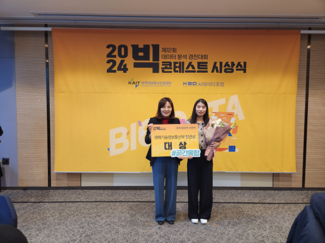 지정주제 5개 부문 대상을 수상한 ‘소잘우 미숫가루맛’팀(오른쪽)과 시상자 과학기술정보통신부 김수정 데이터진흥과장. (사진=LX한국국토정보공사)