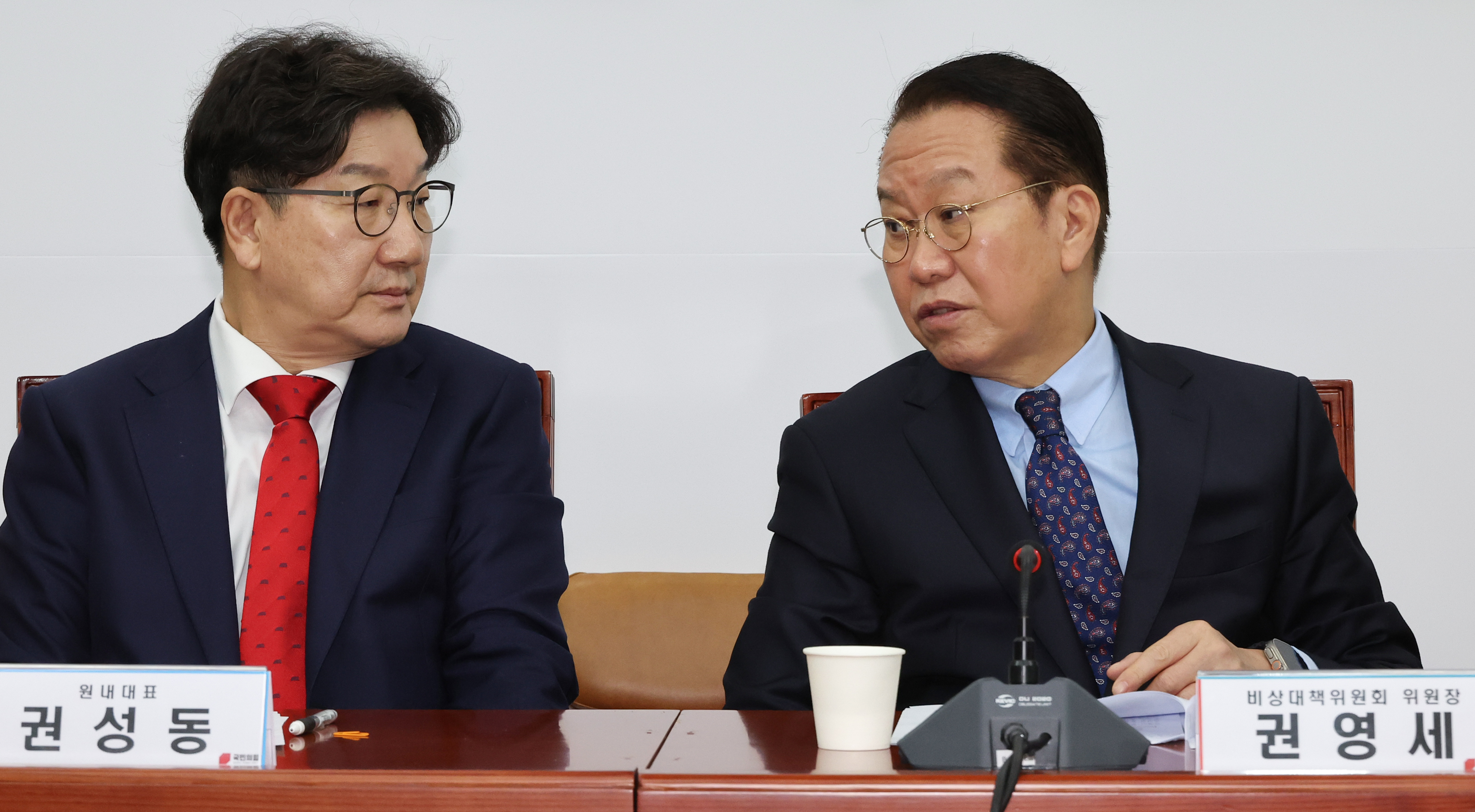 대화하는 권영세 비대위원장-권성동 원내대표(사진=연합뉴스)