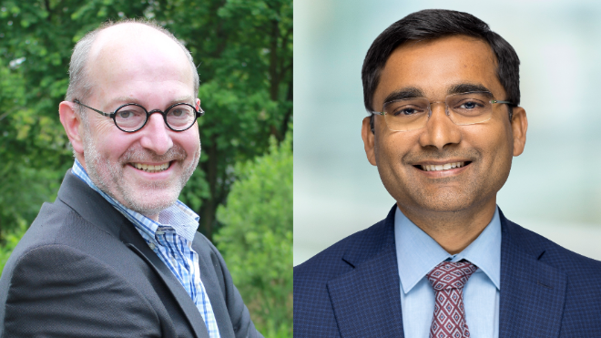 (왼쪽부터)벨기에 앤트워프대학 피에르 반 담 교수와 게이츠 재단 아난다 산카 반디요파디야 박사. 사진=SK바이오사이언스