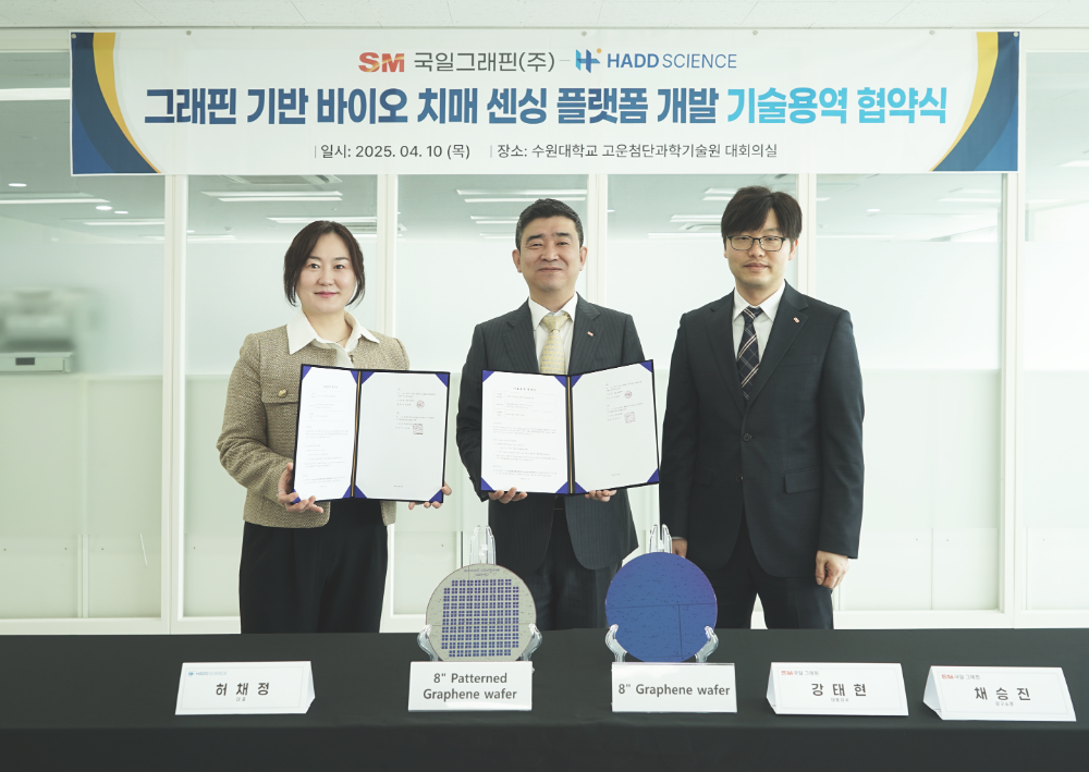 국일그래핀 강태현 대표(가운데)와 채승진 상무(오른쪽)가 지난 10일 경기 화성시 수원대학교 고운첨단과학기술원에서 하드사이언스 허채정 대표와 그래핀 기반 바이오 치매 진단 플랫폼 개발 기술용역 계약을 체결한 뒤 기념촬영을 하고 있다.(사진=SM그룹)