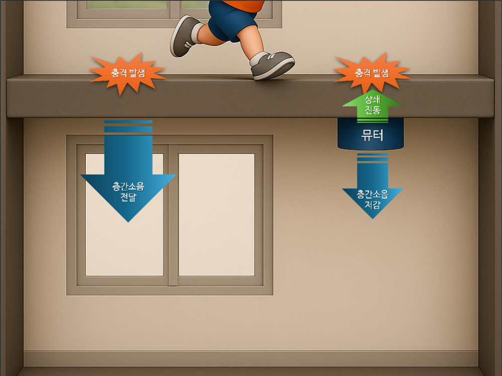 ‘뮤터’ 적용 전 층간소음(왼쪽) 및 ‘뮤터’ 적용 후 층간소음(오른쪽) 원리 비교.(사진=롯데건설)