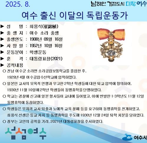 8월의 독립운동가로 전라남도 여수군 소라면 출신의 최용식(崔容植) 선생을 선정했다.