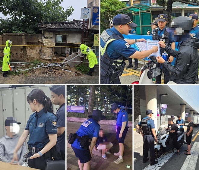 (사진위부터 시계방향)7. 18.~19. 폭우로 인해 붕괴된 가택 내 독거노인 발견, 대피소 이동조치 및 PL 설치/. 7월 이륜차 등 교통안전 홍보 캠페인/자관법 및 도로교통법(무면허) 위반 이륜차 운전자 검거/ 8월 광안리 해수욕장 일원 외국인 미아 발견, 보호조치/ 8월 광안리해수욕장 내 비키니 여성 대상 50여장의 불법 촬영을 한 피의자 검거.(사진제공=부산경찰청)