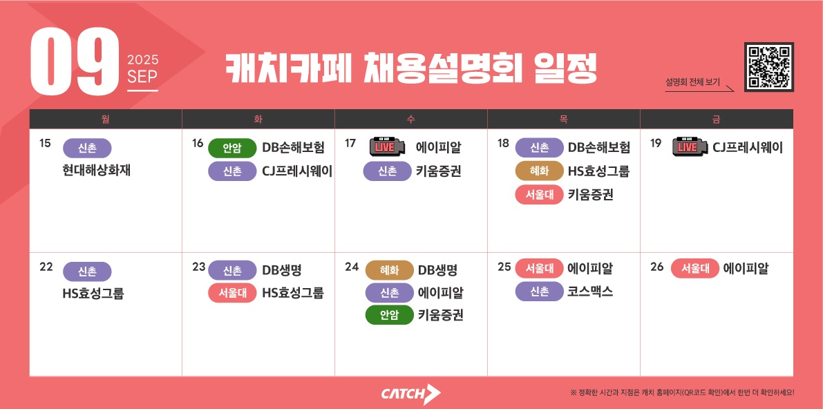 진학사 캐치 "CJ프레시웨이, HS효성, 코스맥스, 하반기 오프라인 채용설명회 진행한다"