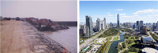 송도 국제도시의 어제와 오늘 _ 좌, 2002년 송도매립 초기 우, 2024년 송도국제도시 / 인천시청