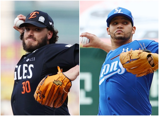 18일 대전 한화생명 볼파크에서 열리는 프로야구 플레이오프 1차전에 한화 이글스 코디 폰세(왼쪽)와 삼성 라이온즈 헤르손 가라비토가 선발투수로 예고됐다. 사진=연합뉴스