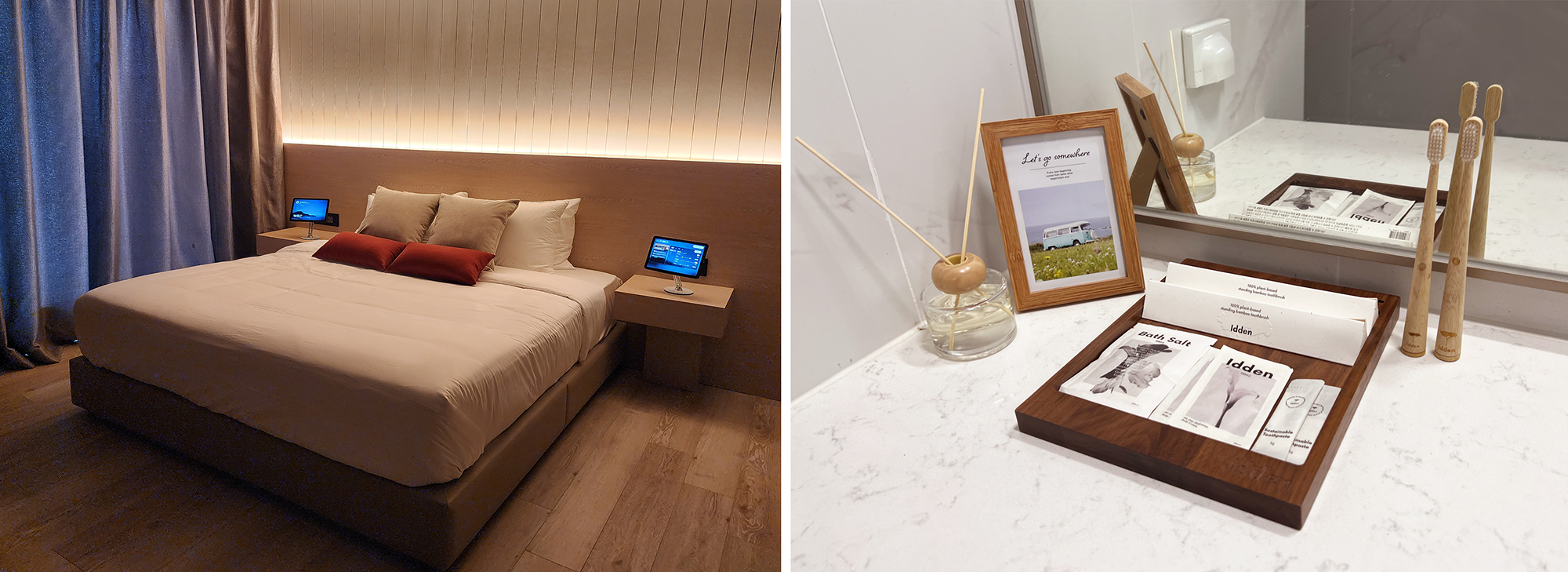 (좌) 힐스테이트 레이크 송도 4차에 적용된 헤이슬립, (우) 업사이클링 기반 힐스테이트 브랜드 어메니티.(사진=현대건설)