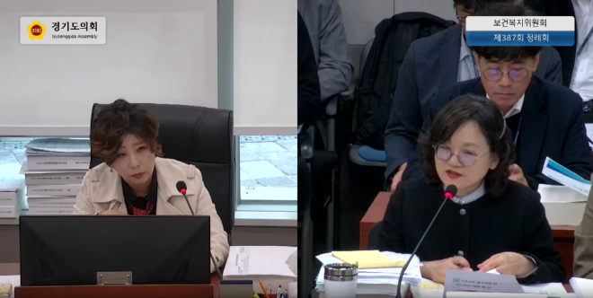 제387회 정례회 보건복지위원회 행정사무감사에서 경기도의회 정경자 의원이 이명진 경기도보건환경연구원장에게 질의하고 있다. / 경기도의회