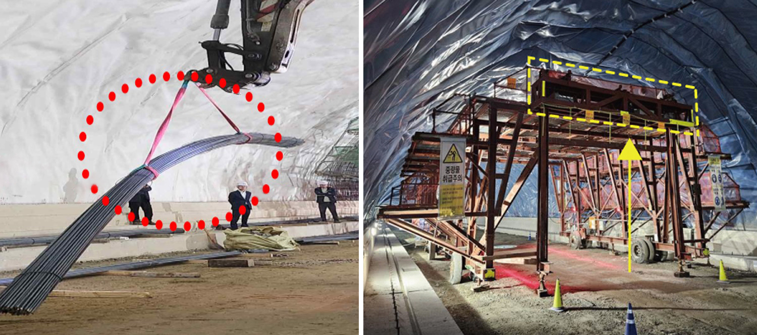 기존에 터널공사 현장에서 중장비를 이용해 자재를 옮기는 모습(왼쪽)과 롯데건설 터널공사 현장에서 작업대차에 설치한 양중리프트를 이용해 자재를 옮기는 모습(오른쪽).(사진=롯데건설)