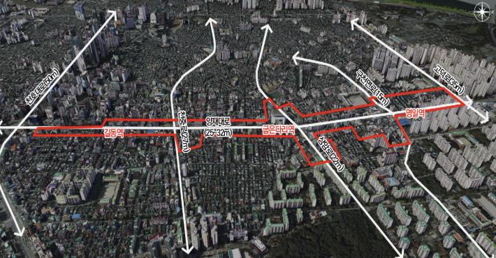 길동·굽은다리·명일역 3개 역세권 지구단위계획 위치도