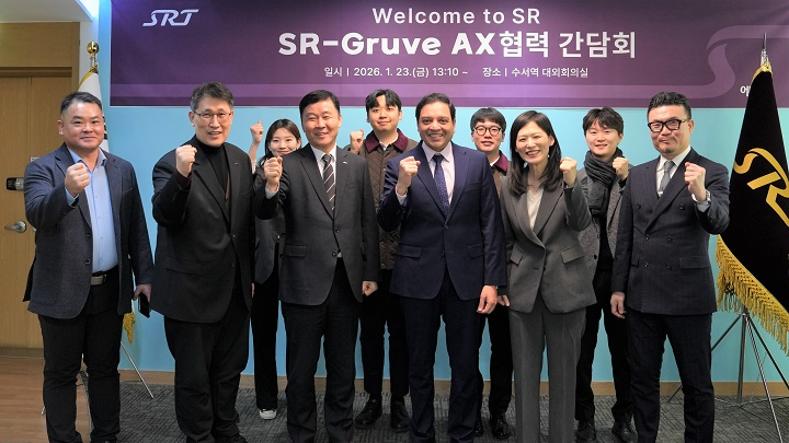 (앞줄 왼쪽에서 세 번째부터) 황현주 에스알 대표이사 직무대행, 타룬 라이소니 그루브 CEO.(사진=SR)